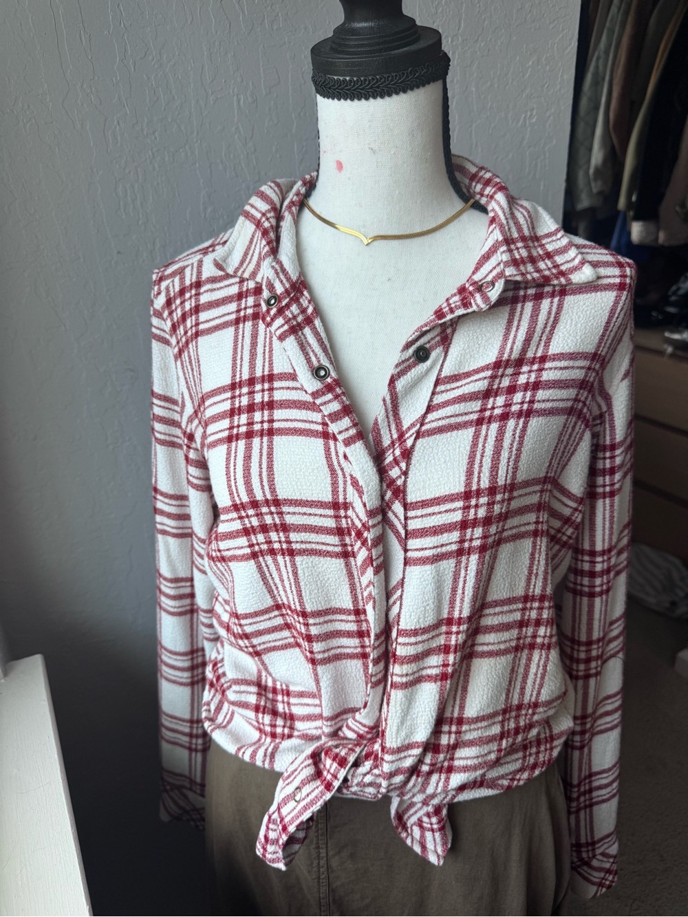 Idyllwind White and Red Plaid Tie-Front Button-Down Shirt